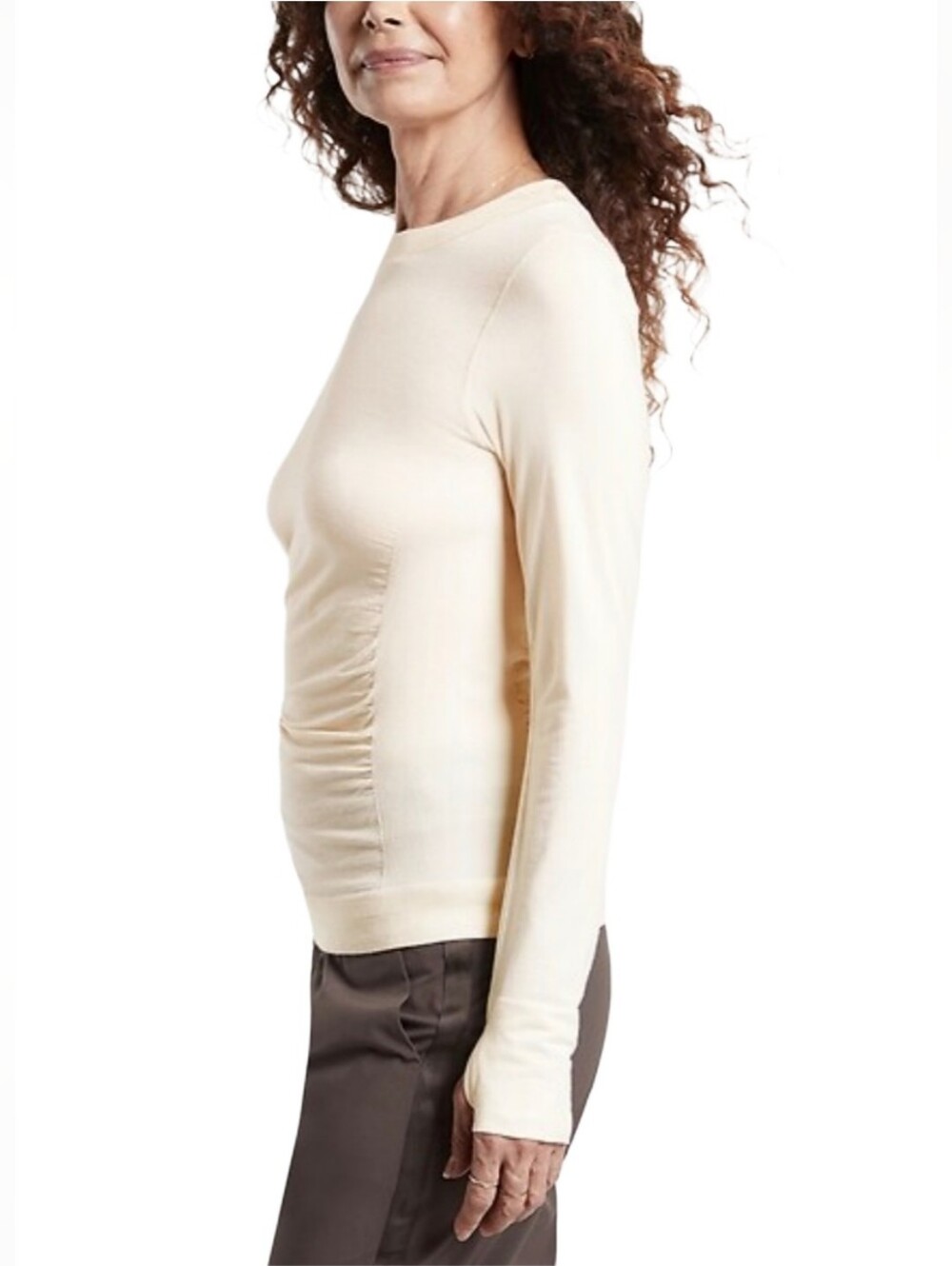 Athleta Foresthill Ascent Cream Ruched Long-Sleeve Crew Neck Base Layer Top S